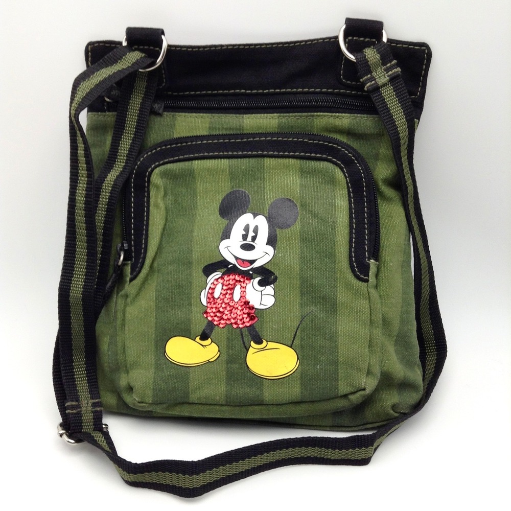 Disney Mickey Mouse Crossbody‎ Bag Green Striped Canvas Purse - Picture 2 of 8